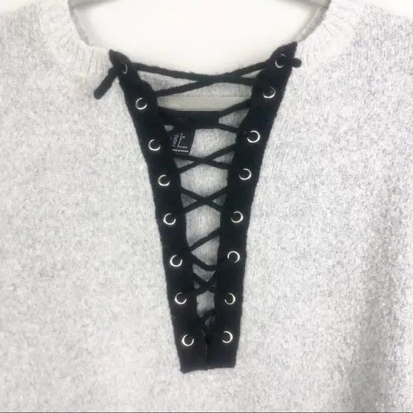 FOREVER 21 | Fuzzy Lace Up Sweater Light Gray & Black Women’s Size Large - Picture 4 of 8